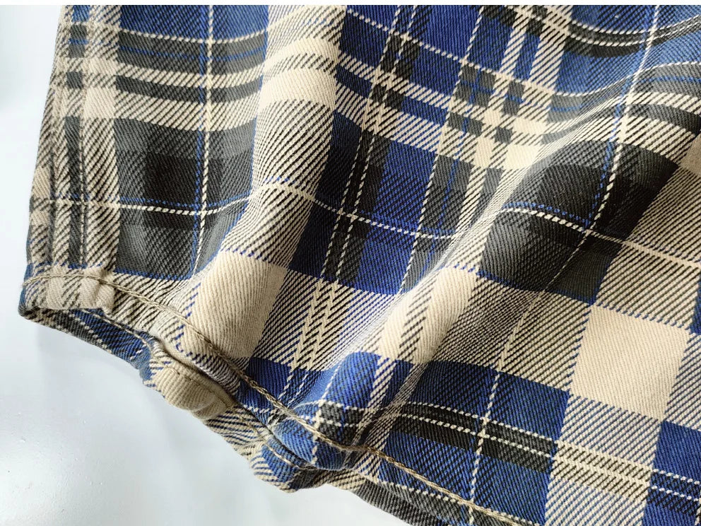 Camisa de Hombre de Algodón Lavado a Cuadros, Manga Larga y Diseño Grueso para Primavera y Otoño