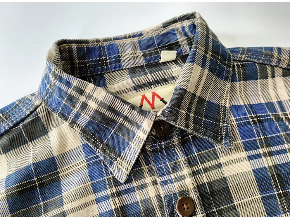 Camisa de Hombre de Algodón Lavado a Cuadros, Manga Larga y Diseño Grueso para Primavera y Otoño