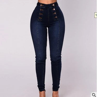 Pantalones Vaqueros de Mujer de Talle Alto, Corte Slim, con Botones y Bolsillos