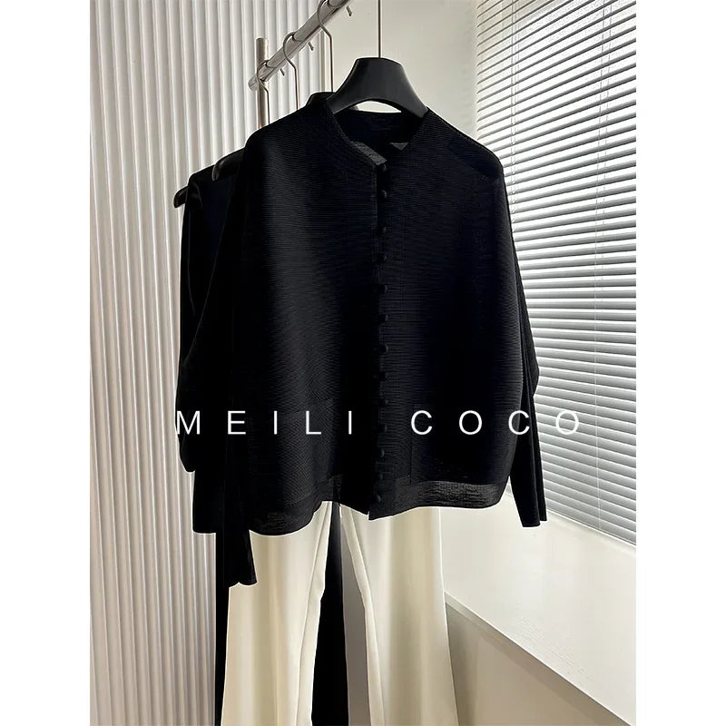 Chaqueta de Mujer Plisada de Manga Murciélago, Diseño de Varios Botones, Estilo Elegante y Casual