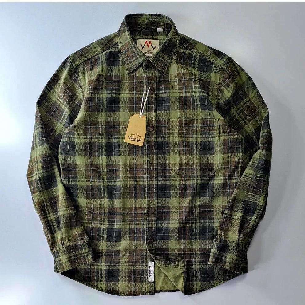 Camisa de Hombre de Algodón Lavado a Cuadros, Manga Larga y Diseño Grueso para Primavera y Otoño