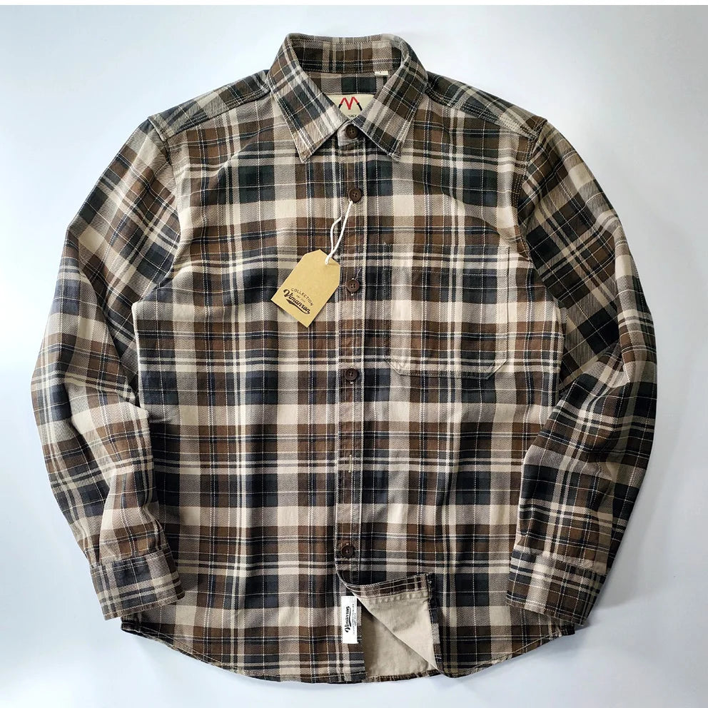 Camisa de Hombre de Algodón Lavado a Cuadros, Manga Larga y Diseño Grueso para Primavera y Otoño