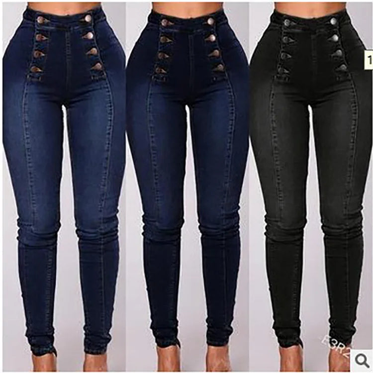 Pantalones Vaqueros de Mujer de Talle Alto, Corte Slim, con Botones y Bolsillos