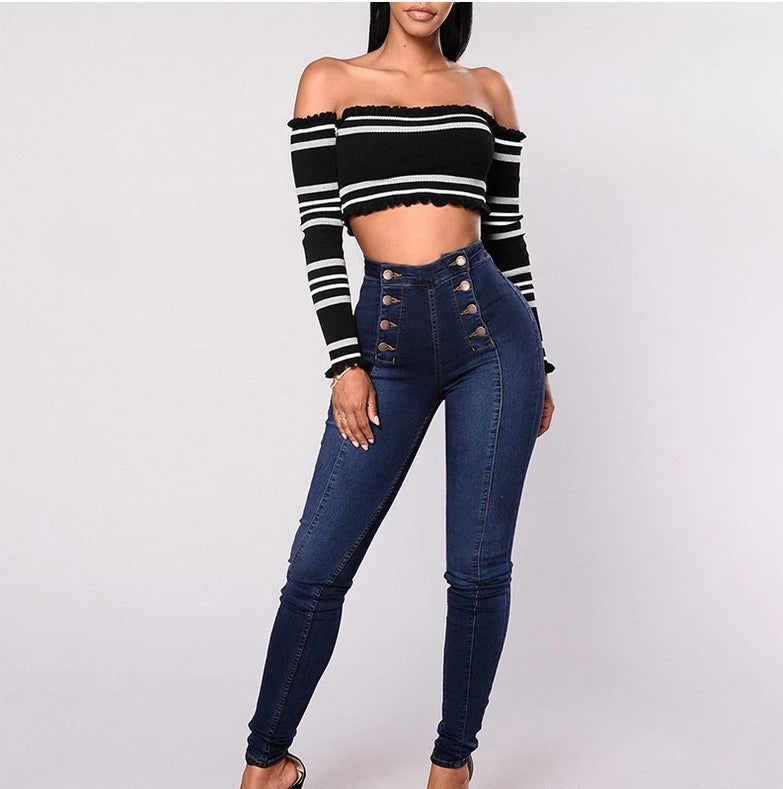 Pantalones Vaqueros de Mujer de Talle Alto, Corte Slim, con Botones y Bolsillos