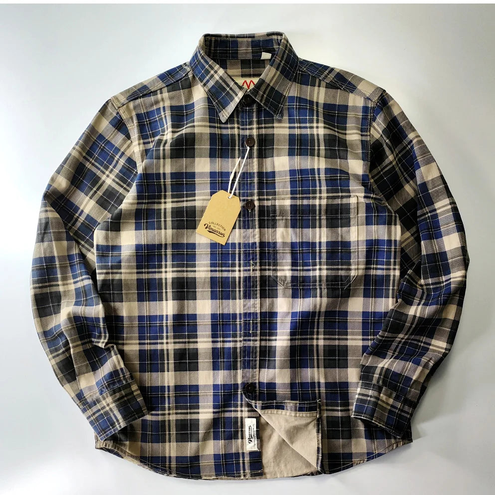 Camisa de Hombre de Algodón Lavado a Cuadros, Manga Larga y Diseño Grueso para Primavera y Otoño