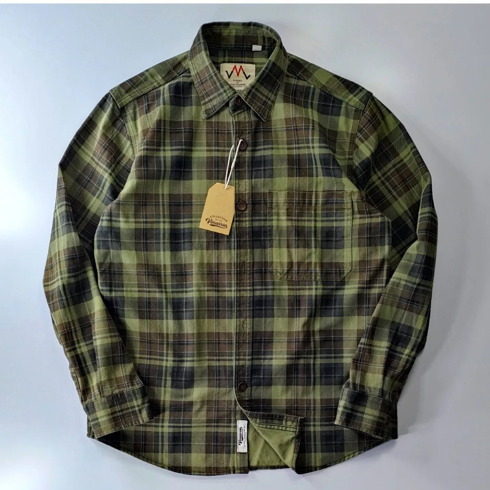Camisa de Hombre de Algodón Lavado a Cuadros, Manga Larga y Diseño Grueso para Primavera y Otoño