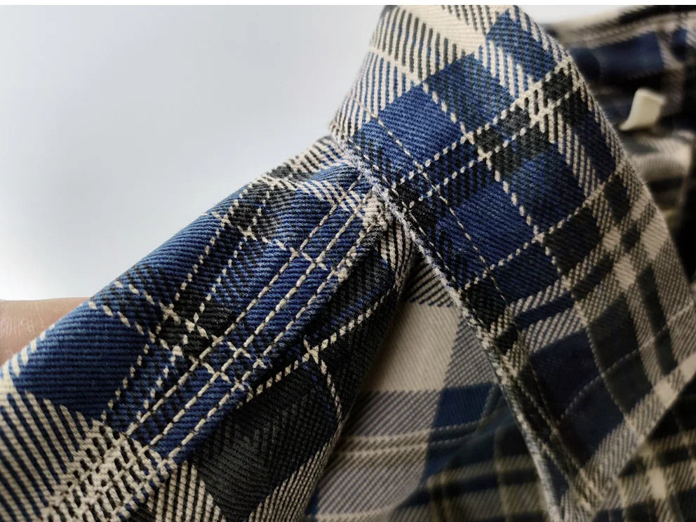 Camisa de Hombre de Algodón Lavado a Cuadros, Manga Larga y Diseño Grueso para Primavera y Otoño