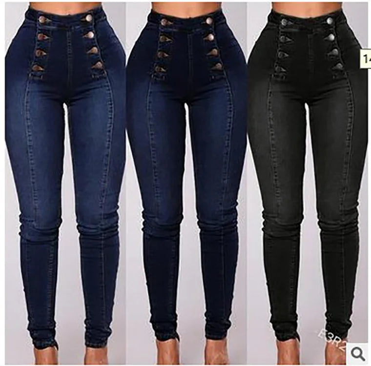 Pantalones Vaqueros de Mujer de Talle Alto, Corte Slim, con Botones y Bolsillos