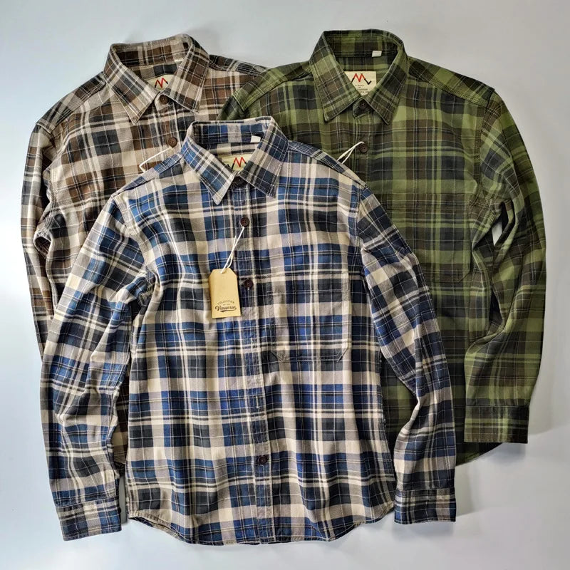 Camisa de Hombre de Algodón Lavado a Cuadros, Manga Larga y Diseño Grueso para Primavera y Otoño
