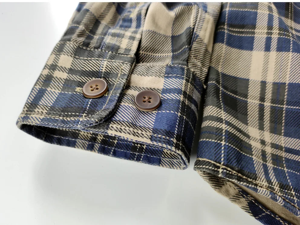 Camisa de Hombre de Algodón Lavado a Cuadros, Manga Larga y Diseño Grueso para Primavera y Otoño