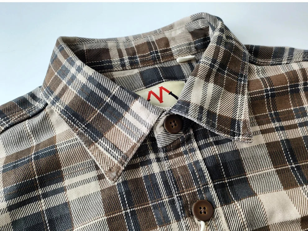 Camisa de Hombre de Algodón Lavado a Cuadros, Manga Larga y Diseño Grueso para Primavera y Otoño